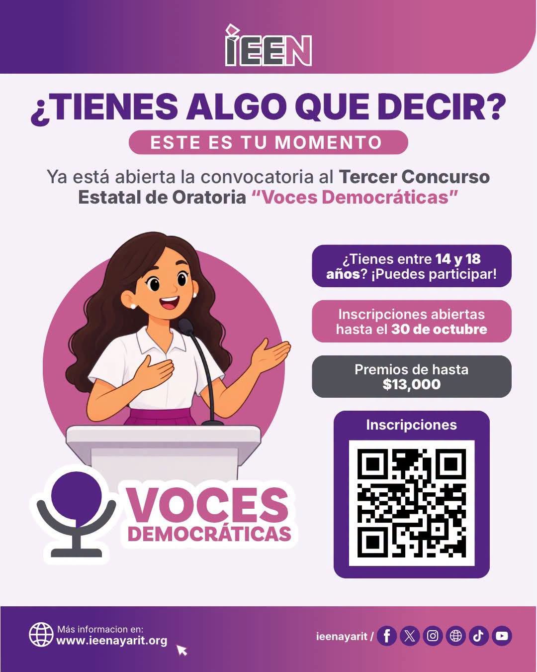 Convoca IEEN a jóvenes de Nayarit al Tercer Concurso Estatal de Oratoria “Voces Democráticas”
